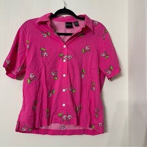 Vintage Erika Women’s Size M Button Down Pink Palm Tree & Hut Shirt